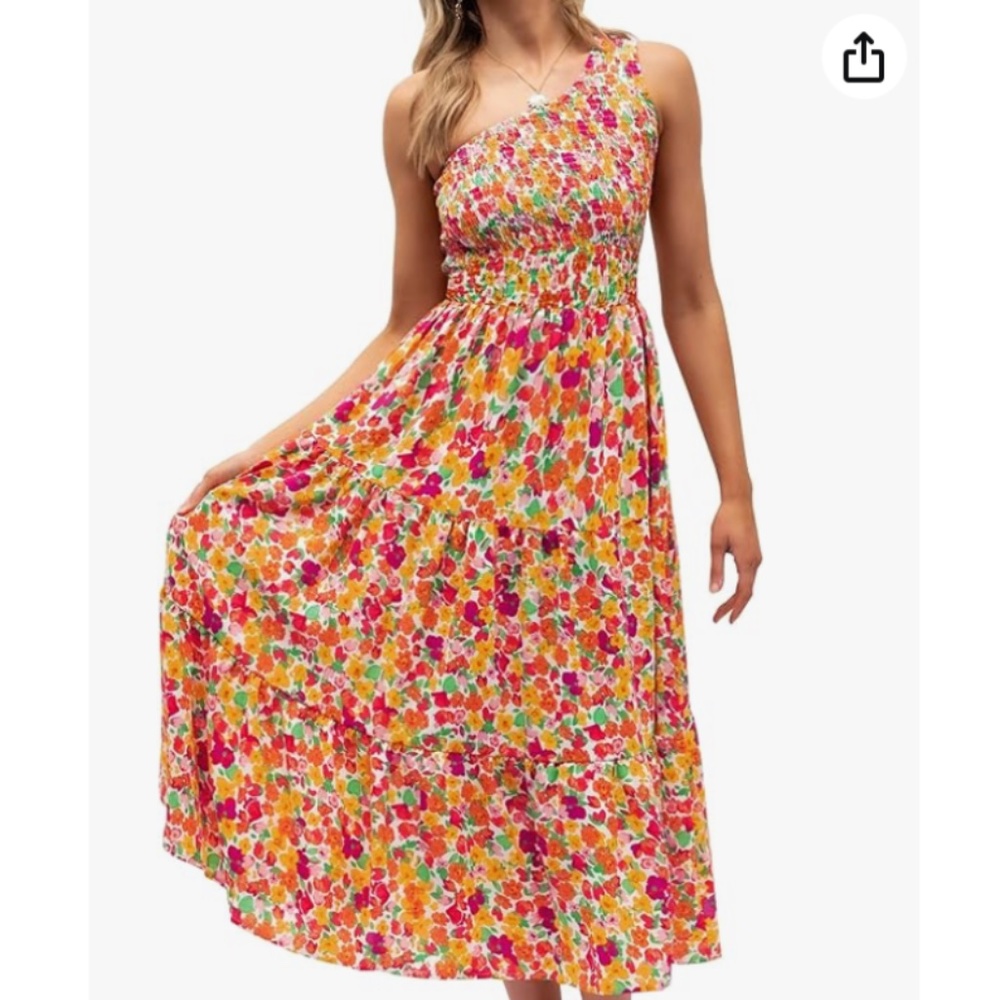 Summer Floral Print One Shoulder Sleeveless Smocked Ruffle Size Large
